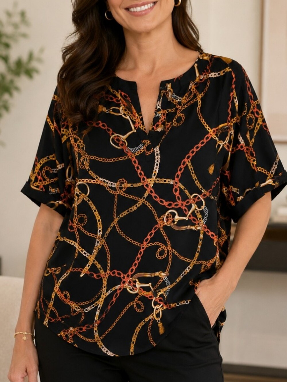 Women's Black Chain-Print Short Sleeve Blouse